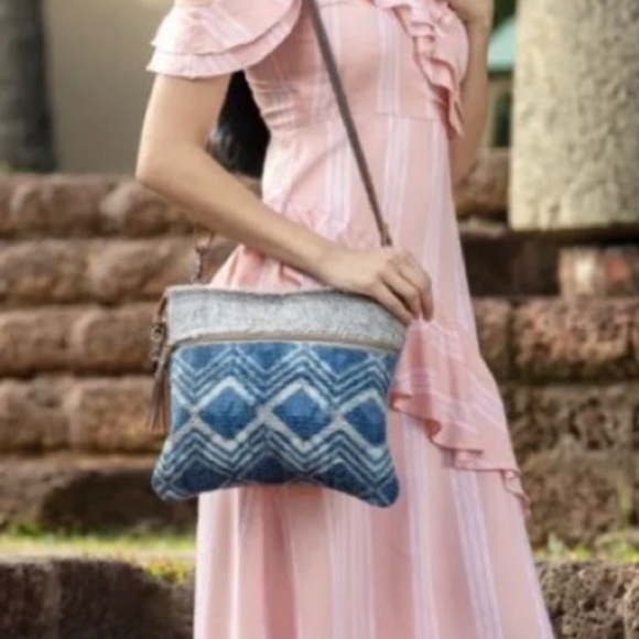 Myra Bag Handbags - Myra Bag Floto Blue Upcycled Canvas & Cowhide Leather Crossbody Bag Boho Casual